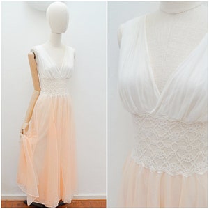 1960s Lace sheer midriff nightgown 60s Plunge neck pastel maxi, Full length nylon nightwear - S