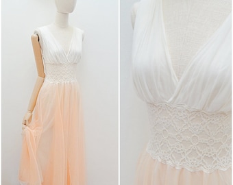 1960s Lace sheer midriff nightgown 60s Plunge neck pastel maxi, Full length nylon nightwear - S