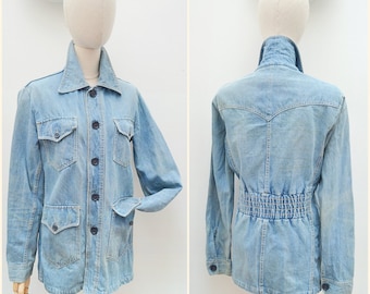 1970s Jean Machine denim jacket, 70s Boutique designer pale wash, Western yoke shirred back - M