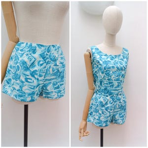 1960s Printed cotton sun set, 60s Shorts & sleeveless top, Beach summer wear - XS