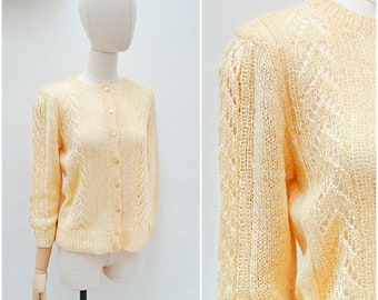 1960s Hand knitted peach cardigan, 60s Mohair wool knit sweater, Pastel chevron stitch knitwear - S M