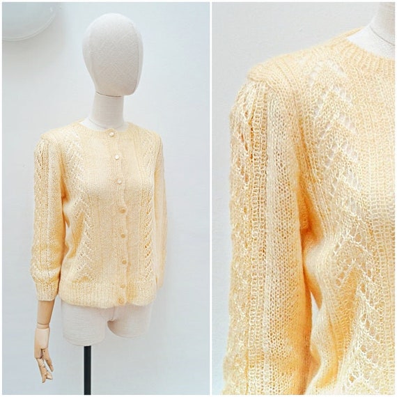 1960s Hand knitted peach cardigan, 60s Mohair woo… - image 1