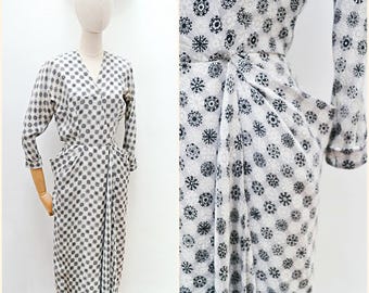 1940s Novelty snowflake print dress, 40s Printed silk swag cascade midi, 3/4 length sleeve evening wear - S