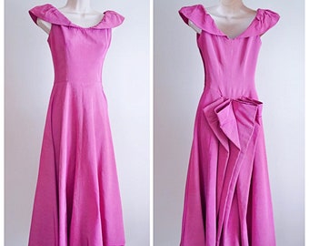 1930s Bustle full length gown, 30s purple off shoulder dress, 40s pink silk faille eveningwear - XXS XS