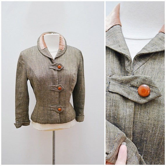 1940s Grey green silk & peach velvet fitted jacket