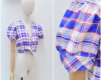1970s Seersucker cotton blue check tie front blouse / 70s Plunge v neck puffed sleeve summer shirt - S
