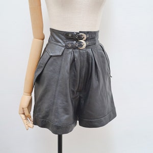 1980s Buckle waist leather shorts, 80s high waisted pleated front, Deep waistband daywearwith pockets S image 4