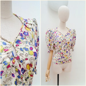 1940s Silk satin printed blouse, 40s Puff sleeve evening wear, 30s Bright print luxury top - M