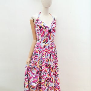Vestido de verano abstracto de algodón con cuello halter de la década de 1980, falda completa brillante estampada de los años 80, vestido de verano con bolsillos, pequeño imagen 3