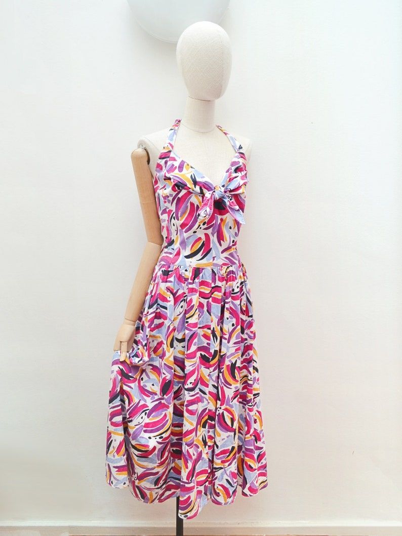 1980s Abstract cotton halterneck sundress, 80s Printed bright full skirt, summer dress with pockets, Small image 3