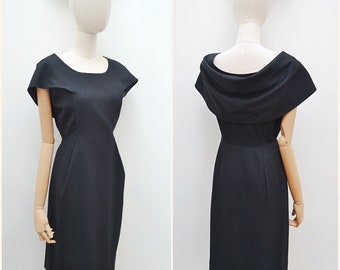 1950s Hardy Amies pencil dress, 50s Cowl back wool wiggle, Tailored winter evening wear - S