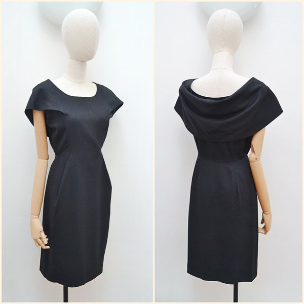 1950s Hardy Amies pencil dress, 50s Cowl back wool wiggle, Tailored winter evening wear - S