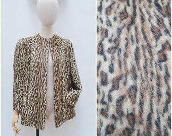 1940s Leopard print loose jacket, 40s Furry open short coat, Fake fur animal print daywear - S M
