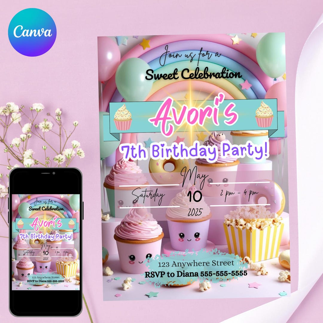 Kawaii Treats Birthday Invitation – Editable Canva Template | Instant ...