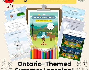 May include: A digital workbook with the title "O" is for Ontario!" and the text "A Fun Activity Book for Kids!" is displayed. The workbook includes coloring pages, puzzles, mazes, and more. The image also includes a variety of colorful pencils.