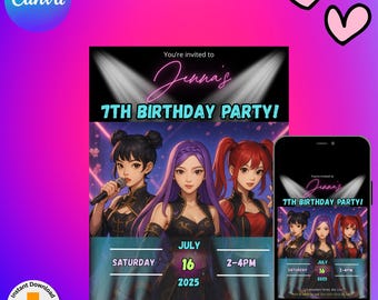 Verjaardagsuitnodiging meidengroep K-Pop | Bewerkbare digitale feestuitnodiging | Thema popster