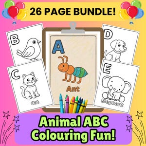 Páginas para colorir ABC de animais – Pacote de alfabeto para impressão com 26 páginas para crianças