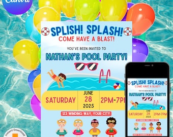 Editable Pool Party Invitation – Printable Kids Birthday Invite – Summer Water Party – Instant Download