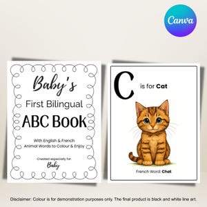 Puede incluir: Un libro ABC bilingüe para bebés. La portada dice "Baby's First Bilingual ABC Book" con palabras de animales en inglés y francés. La página de la derecha muestra un gato de dibujos animados con la letra "C" y el texto "C is for Cat".