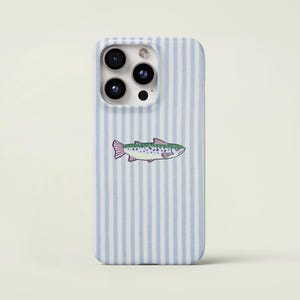 Retro gestreepte sardine telefoonhoesje schattig vissen stoer iPhonegeval mediterrane vis iPhone hoes iPhone 16 15 14 13 12 11 Pro Max, Samsung S24