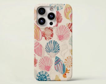 Vintage Seashell Pattern Phone Case, Beachy Tropical Phone Case, iPhone 16 15 14 13 12 11 Pro Max 8 Plus X, Samsung Galaxy S23 S22 S20 Ultra