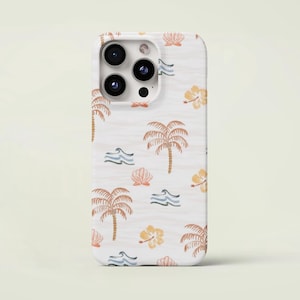 May include: A white phone case featuring a tropical pattern. The design includes palm trees, seashells, hibiscus flowers, and wave illustrations in shades of brown, orange, yellow, and blue. The case has a glossy finish.