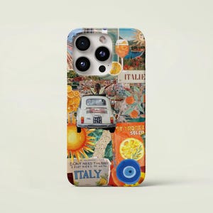 May include: A phone case featuring a collage of Italian imagery. The design includes a small white car, orange slices, and the words "ITALY" and "ITALIE". The case has a glossy finish and a multi-colored design.
