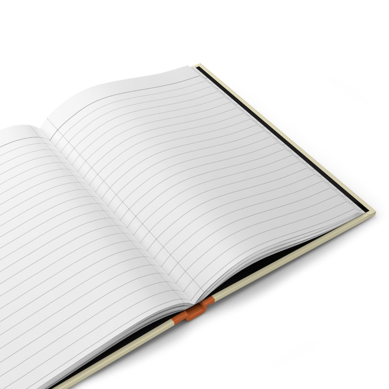 May include: Open notebook with lined pages. The notebook has a cream-coloured cover and a black spine. An orange bookmark is visible. The pages are white with grey lines.