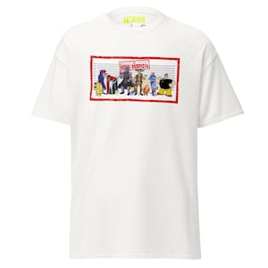 May include: A white short-sleeve t-shirt featuring a graphic print of a police lineup with various cartoon characters. The graphic is framed in a red border and includes the text "THE USUAL SUSPECTS" above a height chart with imperial measurements.