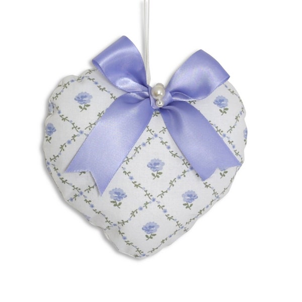 Coeur en tissu à suspendre Laura | Bleu Lavande | Ornement de porte | Décoration | Victorien | Fleurs Treillis | Cadeaux pour les femmes