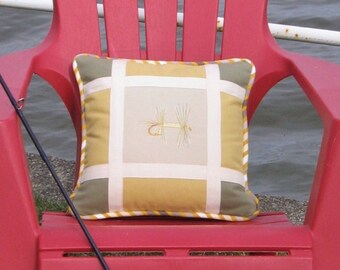 Square Pillow The Fishing Flies No 3 Fishing Day Collection 14 x 14 Khaki Yellow Greige Fisherman Sport nature Lodge Cabin Decor Chalet Chic