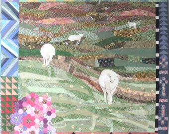 Art quilt Curious Nature - Quilt - Wall hanging - 54" x 54" -  textile art - unique - art - piece of art - sheep - meadow - field - green