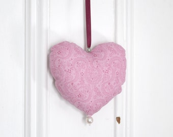 Fabric heart Pink Ribbon | Ornament | Door hanger | Romantic | Decoration | Baby Shower | Love Hearts | Girls Bedroom decor