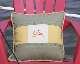 Square Pillow Fisherman Hat 18" x 18" Fishing Day Collection Yellow  Beige Khaki Decorative accent textile Lodge decor Cabin Nature Sport