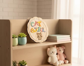 Cat Girl Wooden Plaque | Hand-Engraved Natural Wood Cat Design Wall Sign