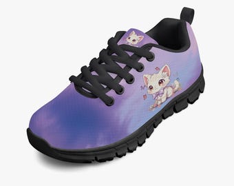 Kids' Lightweight Mesh Sneakers – Cute Kawaii Cat Shoes in Purple & Blue Gradient