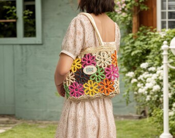 Colorful Flowers Straw Bag | Braided Summer Tote | Floral Beach Bag | Casual Everyday Handbag