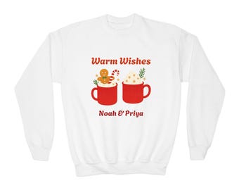 Warm Wishes hot cocoa mugs Youth Sweatshirt | Personalized names, gingerbread, holiday sweater