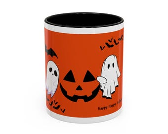 Halloween Ghost Mug – Ceramic Cup with Bats & Pumpkin, 11oz y 15oz Sizes
