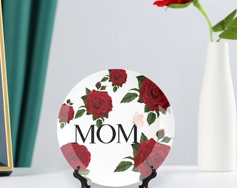 Decorative Ceramic Plate | Red Roses, Butterfly, MOM Design, Mother's Day Home Decor