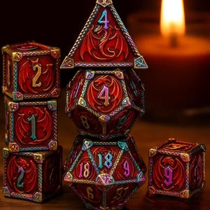 Forged Dragon Metal Dice Set – Heavy 7-Piece DnD Dice for Tabletop RPG – Premium Enamel Edition – Luxury Carved Polyhedral Dice Gift Set