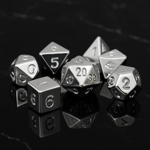 Polished Silver RPG Dice Set – Shiny Metal Dice for DND, Pathfinder & Tabletop Games – 7 Piece Heavy Dice for Roleplaying