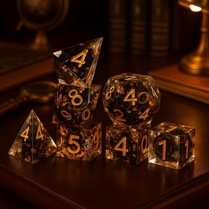 Luxury Black & Gold Resin Dice Set – Sharp Edge Polyhedral Dice for DnD, Pathfinder, TTRPG | 7 Piece Premium Handmade Dice Set