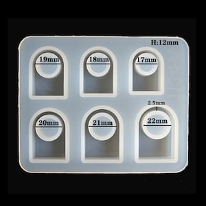 May include: Silicone mould with six ring-shaped cavities for making resin jewellery. The mould has six different sizes: 17mm, 18mm, 19mm, 20mm, 21mm, and 22mm. The mould is 12mm high.