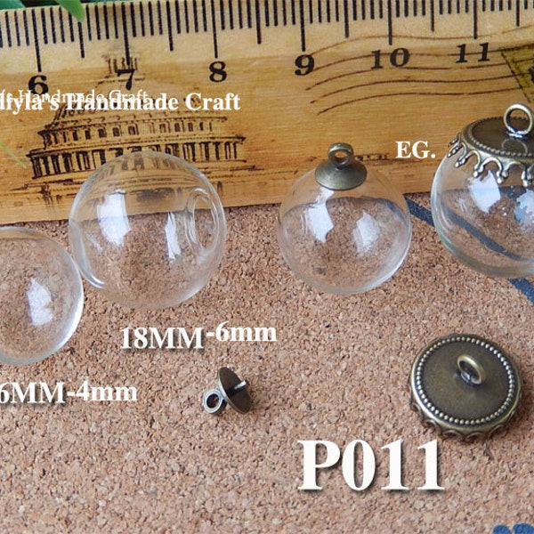 4 pièces-10 pièces 16mm/18mm Mini boule de cristal de couverture en verre avec capuchon, verre creux, soufflé à la main, pendentif de collier, charmant fait à la main (p011)