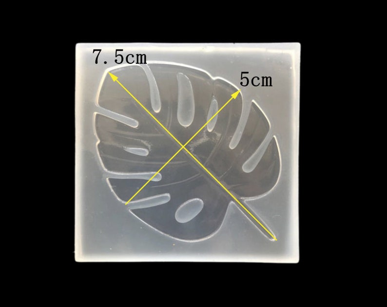 May include: Clear silicone mold for crafting, shaped like a monstera leaf. The mold measures 7.5 inches by 5 inches.