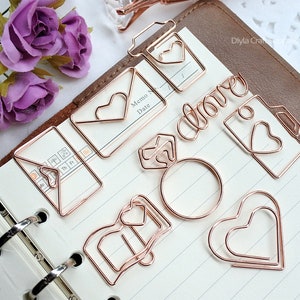8 pezzi Un set Rose Gold Paper Clips Busta Clip Carta Amore Carta Clip Carta Clip Carta Clip Heart Paper Clip Diamond Ring metal bookmark
