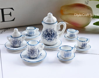 Miniature Ceramic Tea Set Pendants, 15pcs Dollhouse Charms