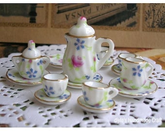 Miniature Ceramic Tea Set Pendants, Dollhouse Jewelry Supplies (15 Pcs)