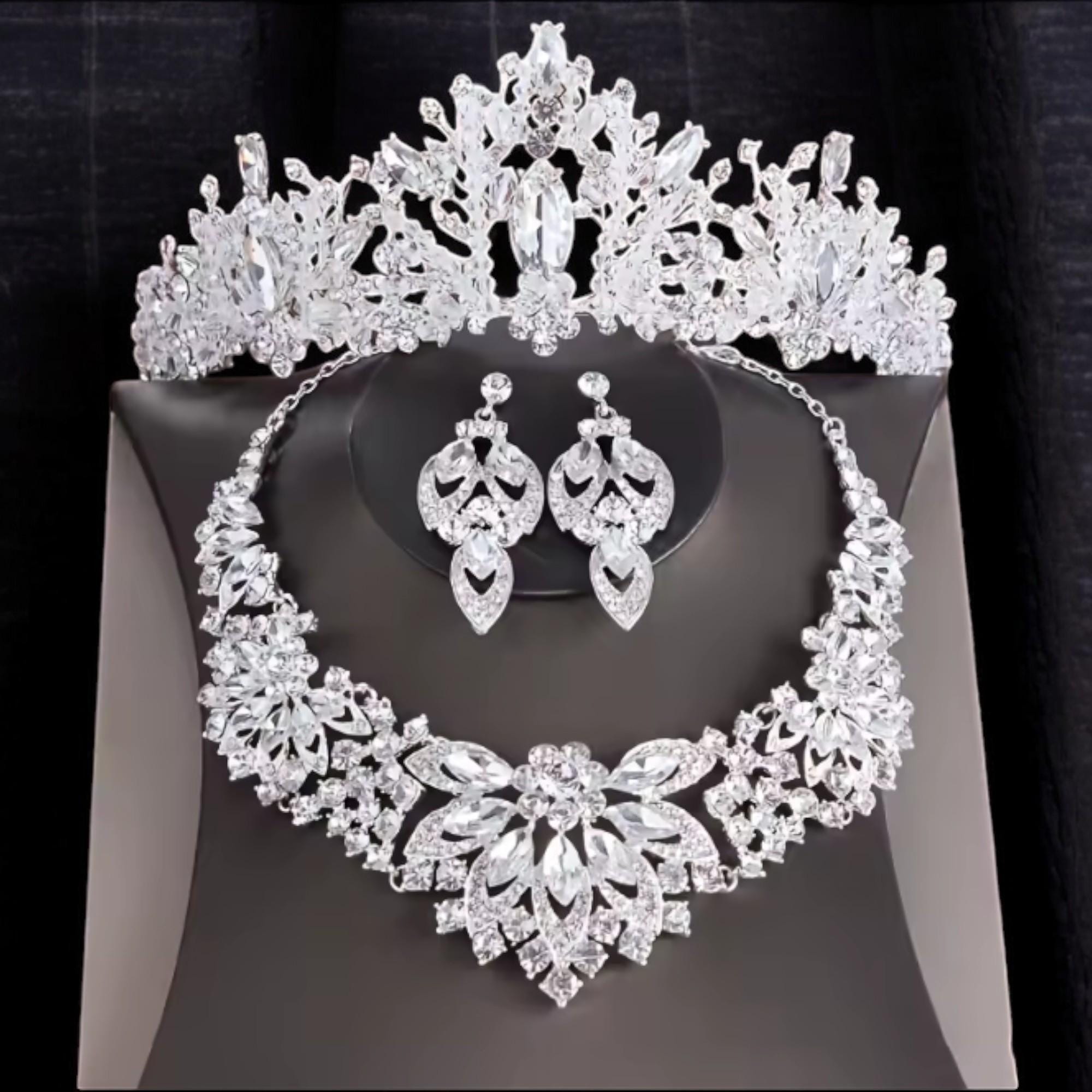 3pc diamond rhinestone tiara set Silver Cubic Zirconia 3-Piece With Tiara Wedding Jewelry Set  main image 2